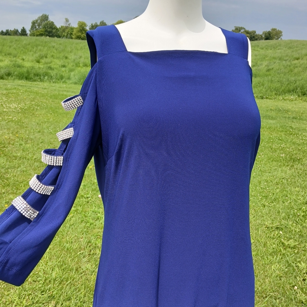 Roz & Ali Rhinestone Sleeve Dress size M Royal Blue Semi Formal Bodycon Evening